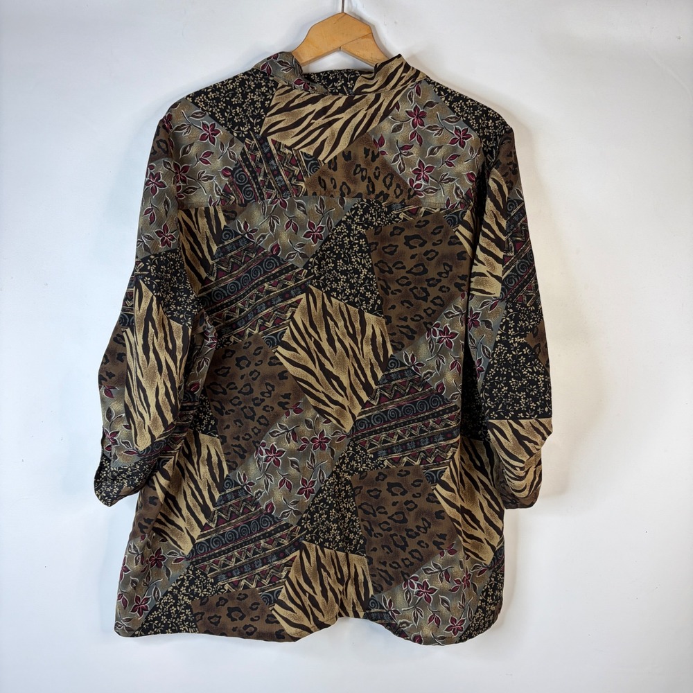 Donnkenny Woman Blouse Womens 22W Brown Patchwork Animal Print Roll Tab Sleeve - Picture 4 of 6